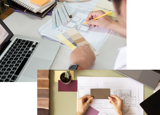 Interior designer sketching a floor plan with material and colour swatches