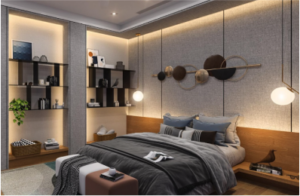 Modern bedroom with lit feature wall and built-in display shelves