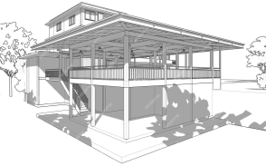Architectural sketch of a two-storey house with a timber extension
