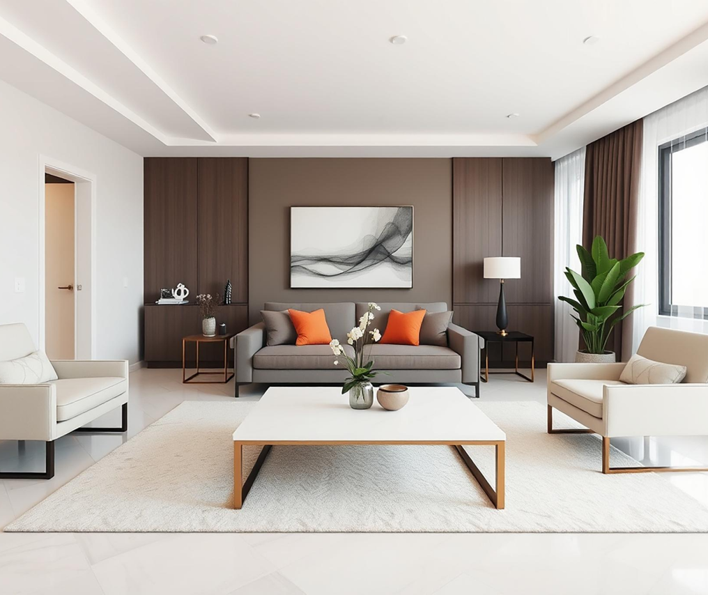 Bright living room with neutral sofa, coffee table and timber feature wall