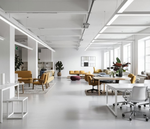 Bright open-plan office with workstations and a lounge area