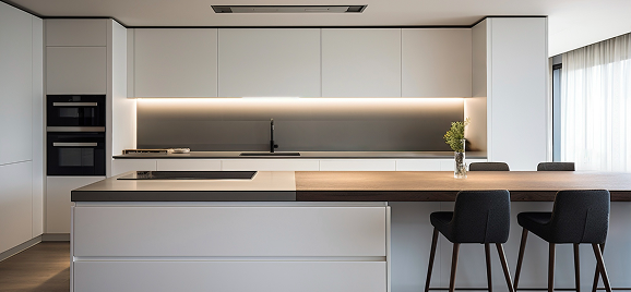 Modern white kitchen with island counter and built-in ovens