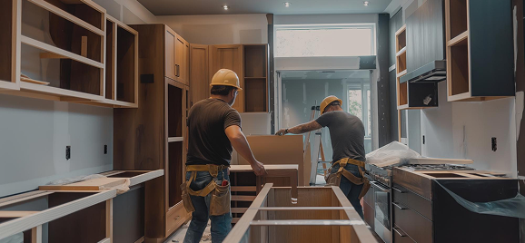 Installers fitting custom kitchen cabinets and worktops
