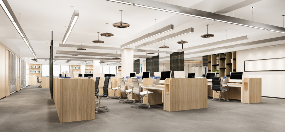 Open-plan office with timber workstations and pendant lighting