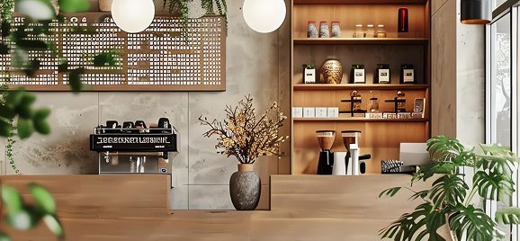 Café counter with timber shelving and coffee machine