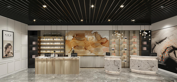 Commercial reception counter with feature wall and display shelving