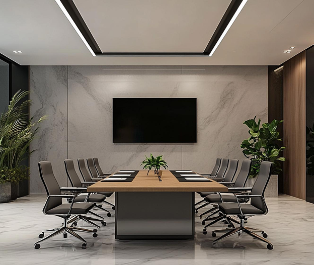 Office meeting room with long conference table and wall-mounted screen
