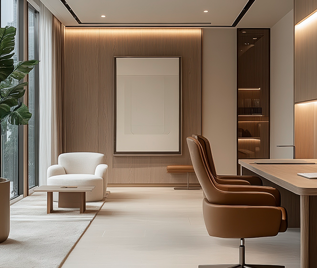 Executive office with leather chair and timber feature wall