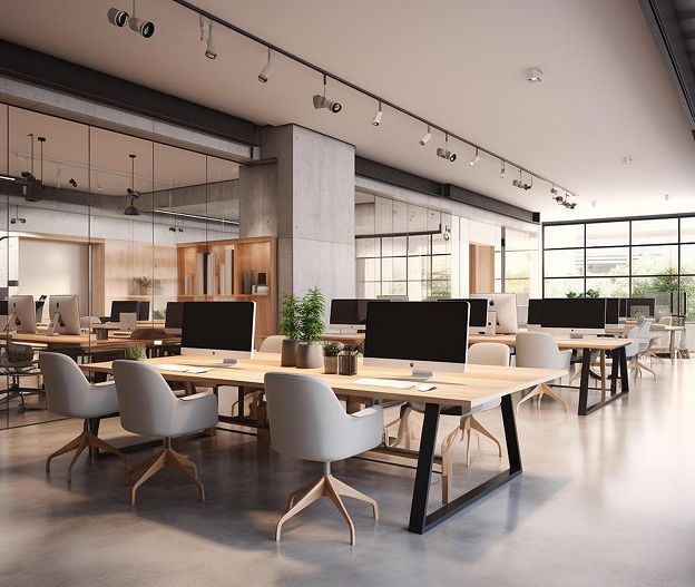 Open-plan workspace with timber desks and track lighting