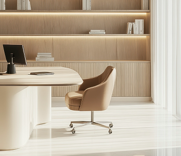 Curved reception desk with built-in timber shelving