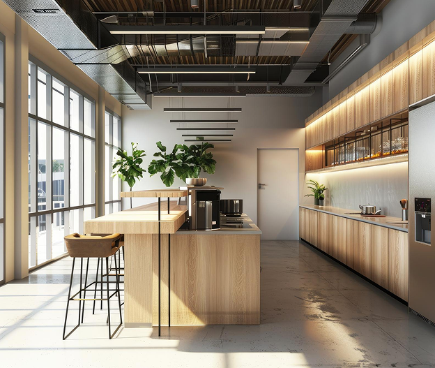 Office pantry with timber cabinetry and island counter