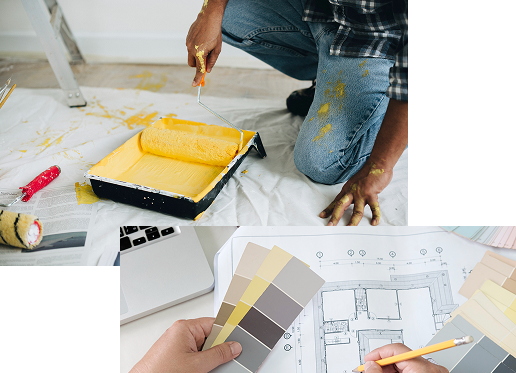 Painter at work beside floor plans and colour swatches for a home renovation