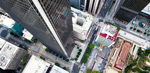Aerial view of city office towers