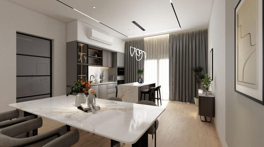 Dining area with marble-top dining table and sculptural ring pendant light, Elemen Residence Tropicana Aman