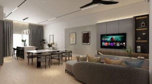 Open-plan living and dining area with curved sofa and lit TV display wall, Elemen Residence Tropicana Aman