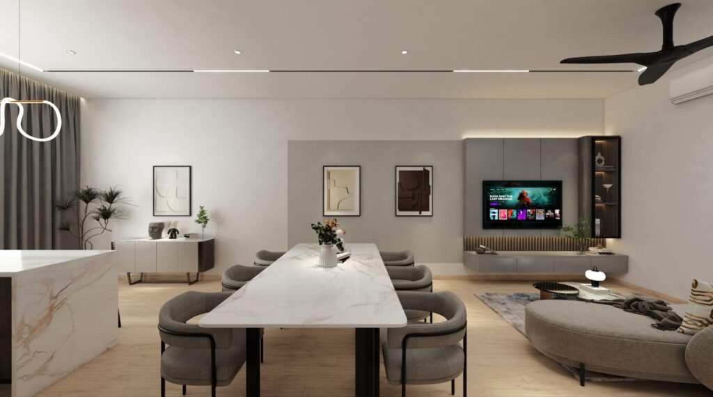 Living room TV wall with grey panel, black display shelving and ceiling fan, Elemen Residence Tropicana Aman