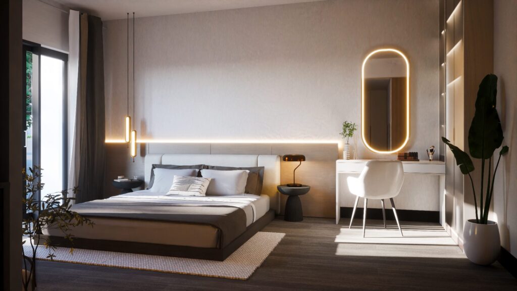 Master bedroom with floating bed, wall-wash lighting and lit oval vanity mirror, Elemen Residence Tropicana Aman