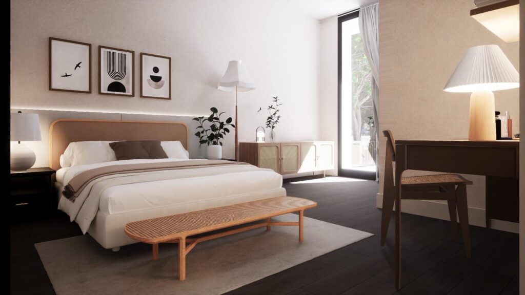Second bedroom with upholstered bed, timber bench and table lamp, Elemen Residence Tropicana Aman