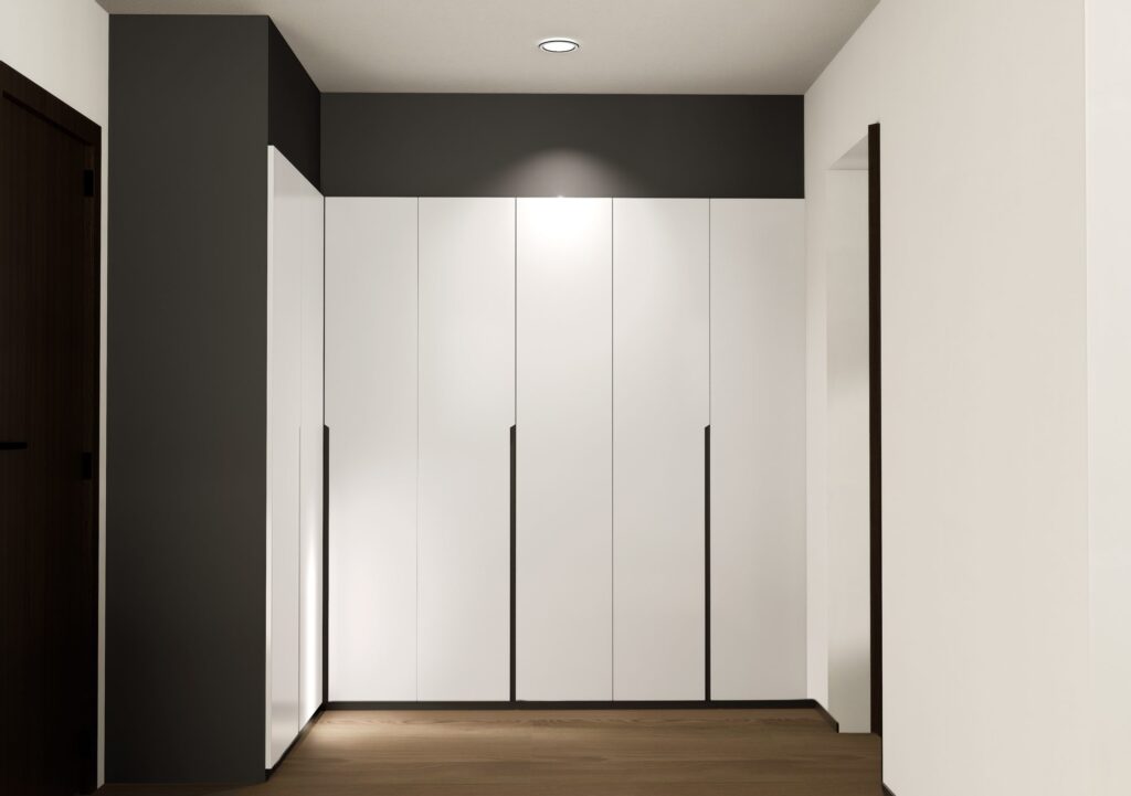 Full-height white bedroom wardrobe with black side panel, Park Place Desa ParkCity