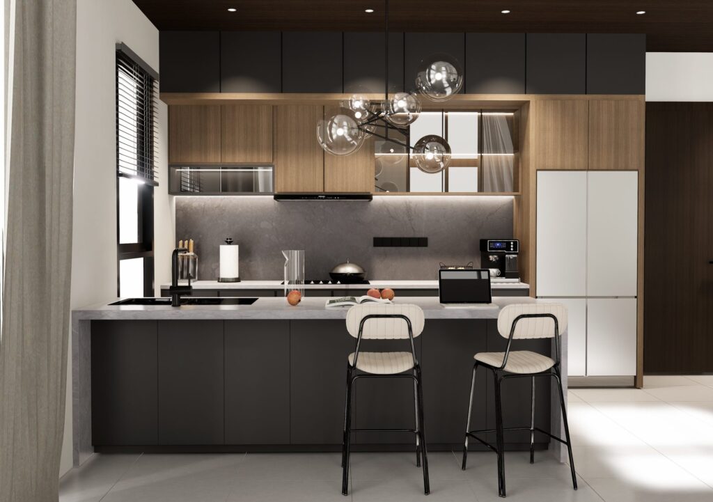 Park Place Desa ParkCity dry kitchen with matt black island, timber wall cabinets and pendant light