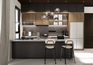 Park Place Desa ParkCity dry kitchen with matt black island, timber wall cabinets and pendant light