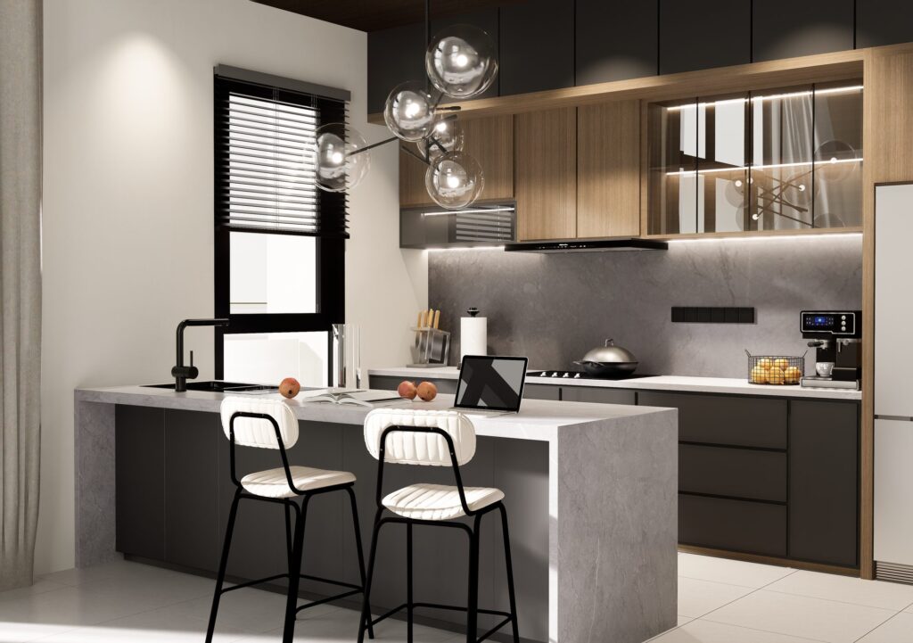Side view of kitchen island with stone-look worktop and bar stools, Park Place Desa ParkCity
