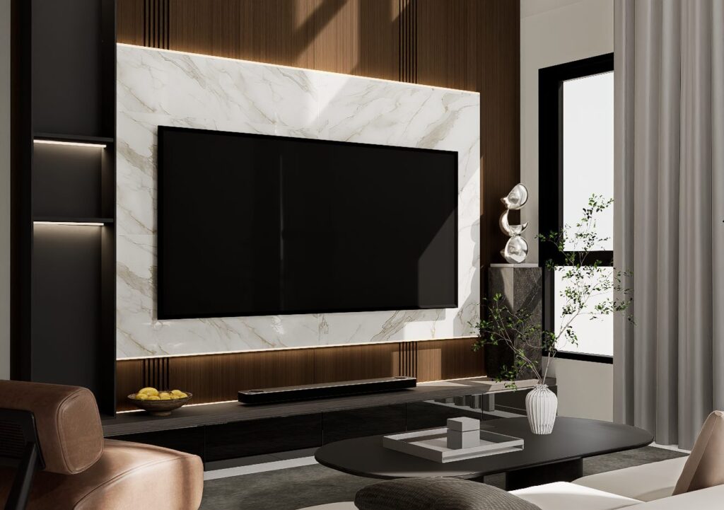 Living room TV feature wall with marble-look panel and timber slats, Park Place Desa ParkCity