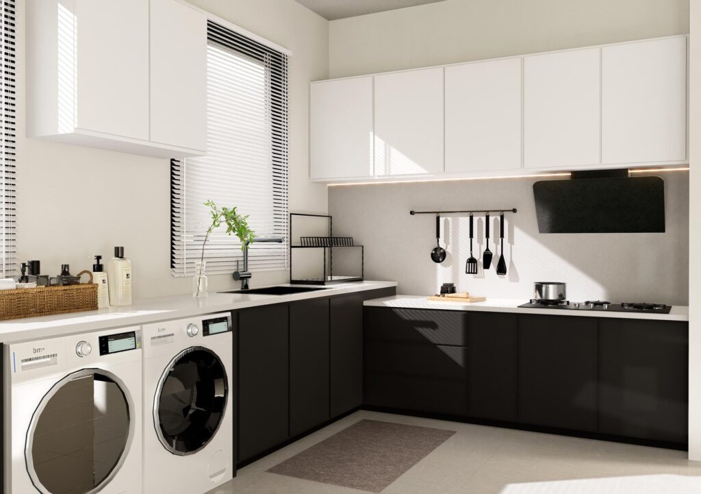 Wet kitchen with black base cabinets, white upper units and two washing machines, Park Place Desa ParkCity